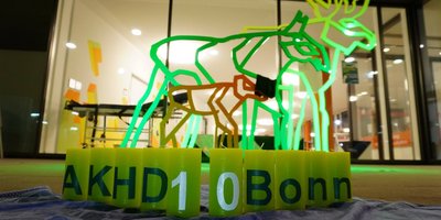 Das Foto zeigt die Jubiläumskerzen mit der Aufschrift "AKHD Bonn 10" vor dem Eltern-Kind-Zentrum der Bonner Universitäts-Kliniken
