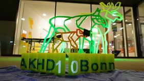 Das Foto zeigt die Jubiläumskerzen mit der Aufschrift "AKHD Bonn 10" vor dem Eltern-Kind-Zentrum der Bonner Universitäts-Kliniken
